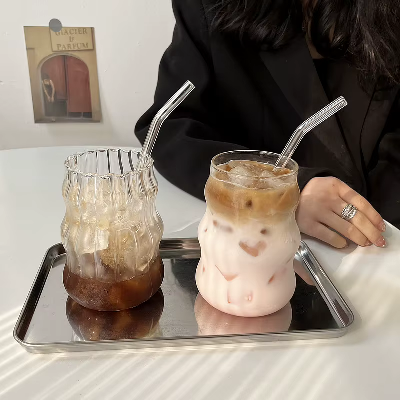 INS tasses en verre Transparent rayure créative tasse à café froid jus de glace Cocktail