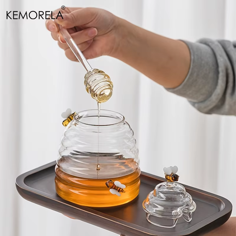 1 pièce Récipient à miel en verre alvéolé avec cuillère