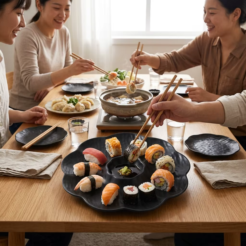 Plateau à dumplings japonais en plastique avec coupelle à sauce