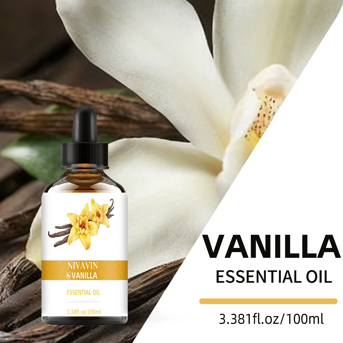 Huile essentielle de vanille NIVAVIN 30ml/60ml/100ml, naturellement extraite, parfum riche, senteur longue durée, idéale pour un usage domestique.