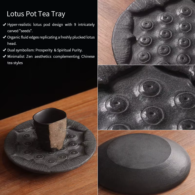Plateau à thé Zen Lotus Pod – Basalt noir sculpté à la main