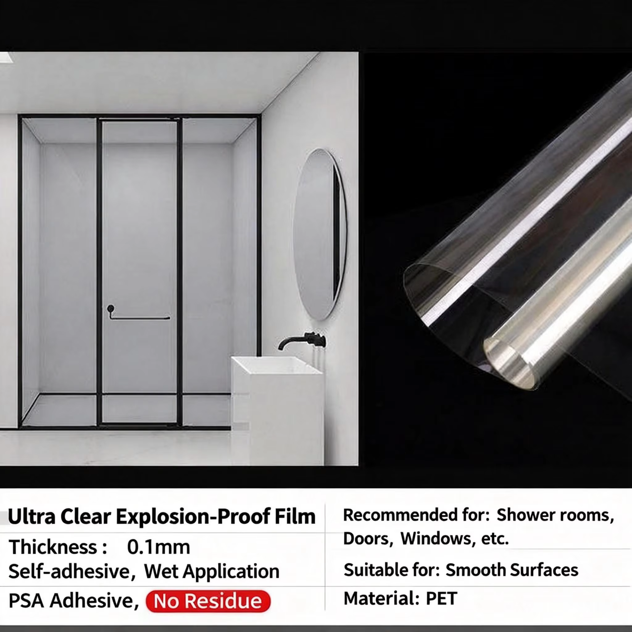 Film de sécurité pour verre, protection transparente anti-éclatement pour porte de douche et fenêtre de salle de bain, anti-explosion, anti-rayures