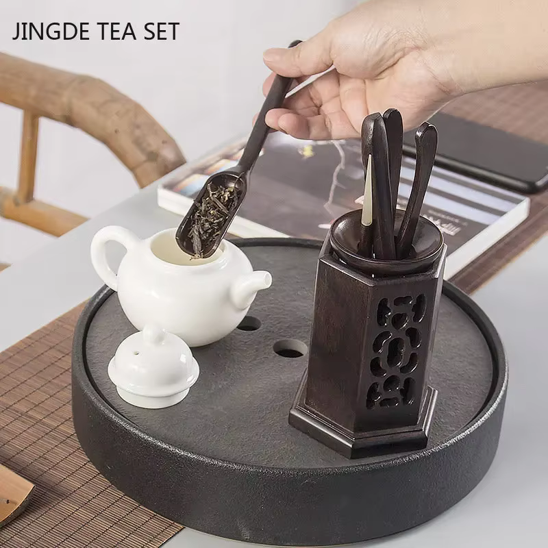 Cérémonie du thé Six messieurs ensemble service à thé chinois accessoires ébène thé faisant des outils pince à thé en bois massif cuillère thé Art décoration