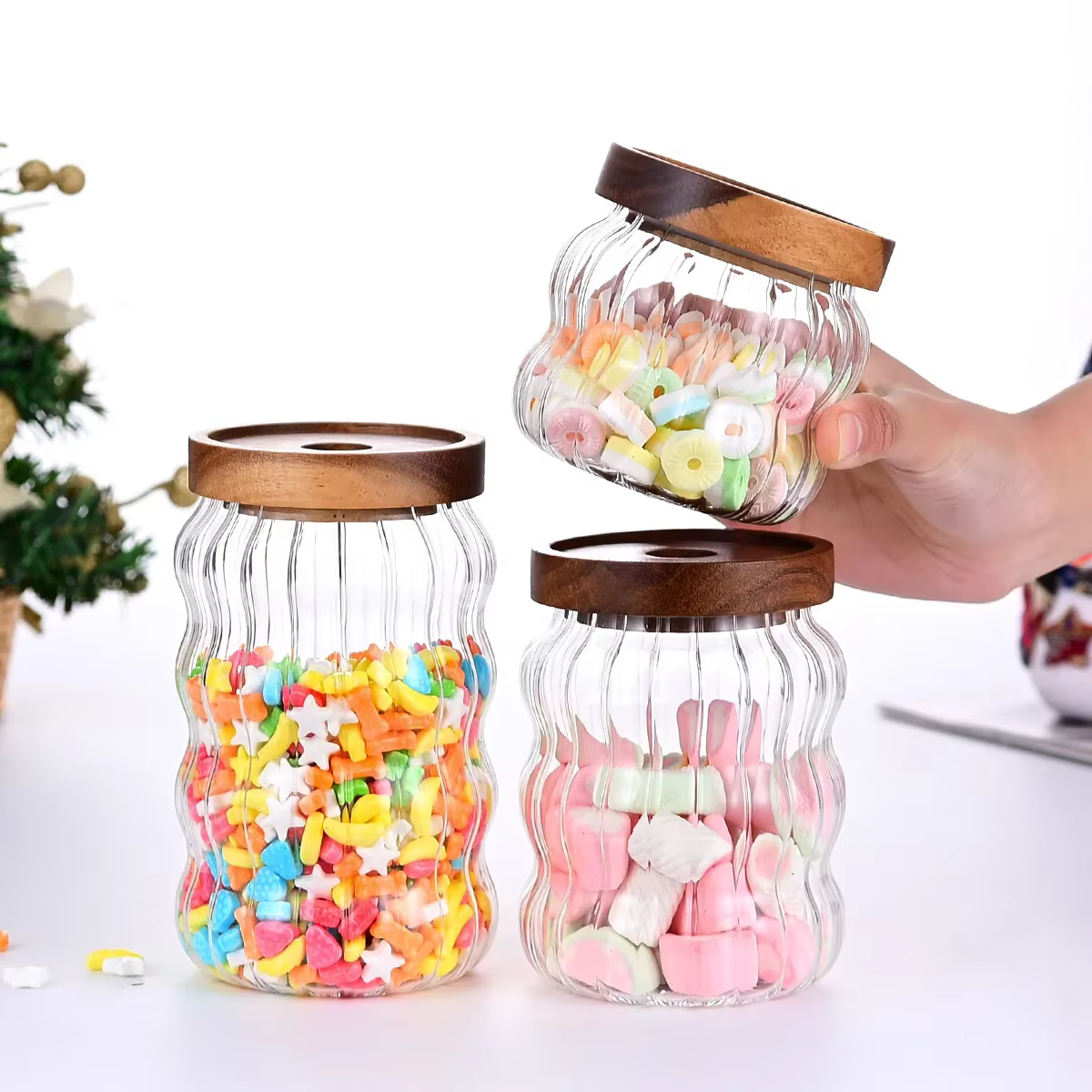 Bouteilles de rangement en verre rayé avec couvercle en bois