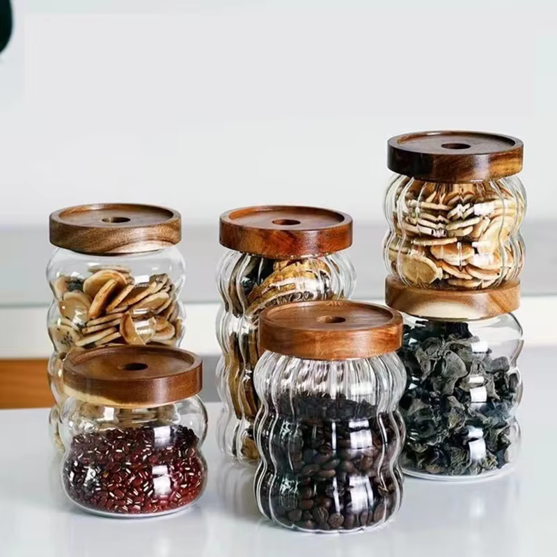 Bocal en verre à haute teneur en borosilicate avec couvercle en bois