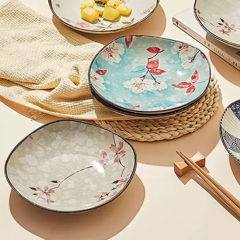 Assiette à Dessert en céramique de fleur de cerisier japonaise, accessoires de cuisine à domicile, ensemble de couverts, assiette créative et mignonne, assiette à Sushi