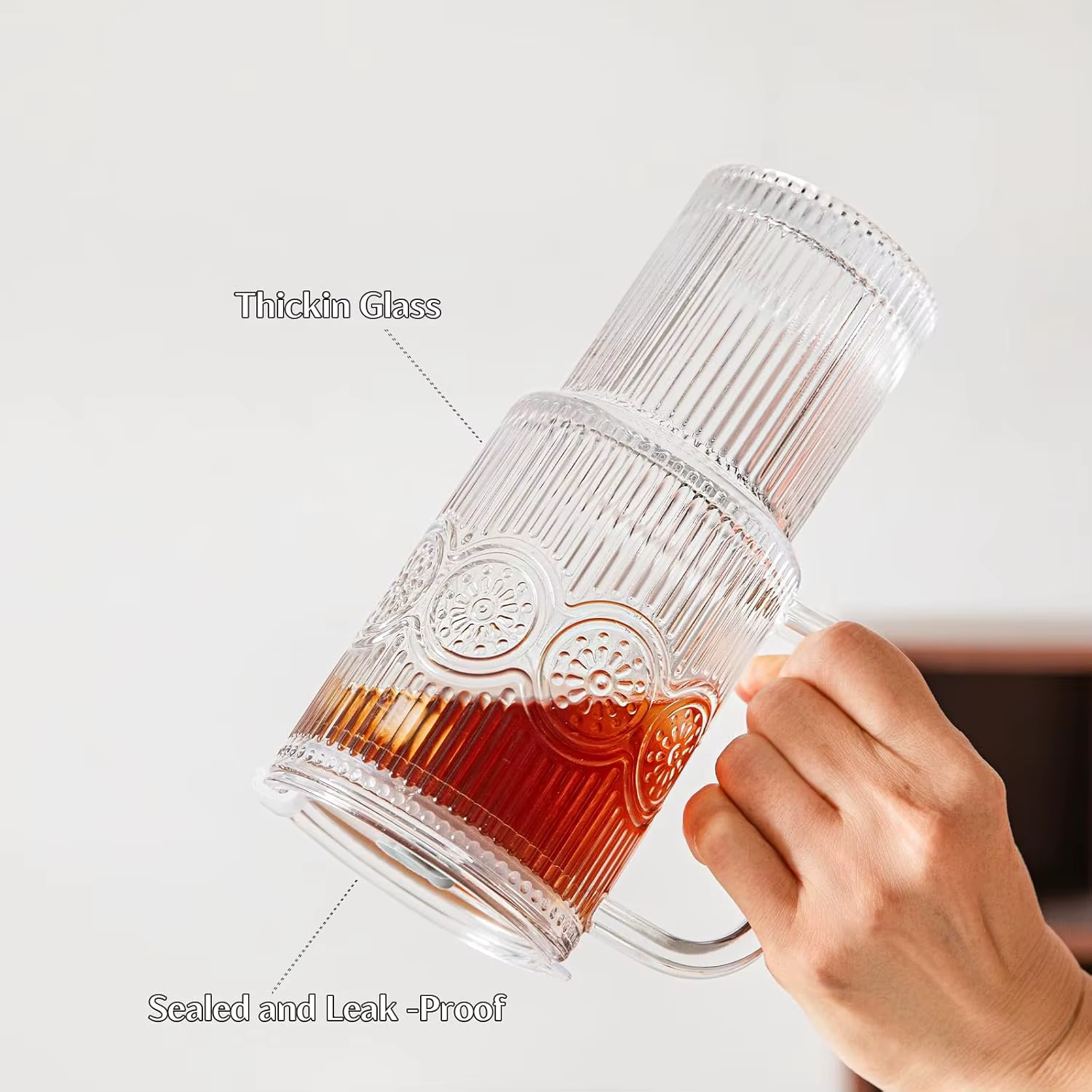 Gobelets en verre côtelés et à motifs floraux de 500 ml avec couvercles/pailles – Tasses réutilisables pour café
