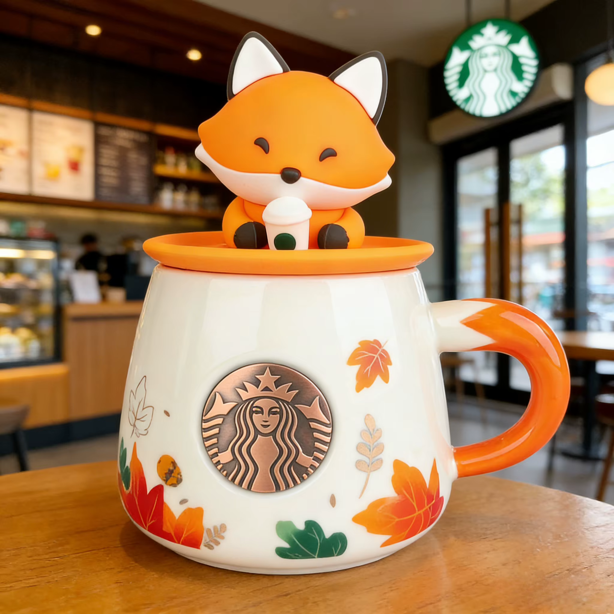 Tasse Starbucks Autumn Forest Cute Fox 300ml en céramique avec motif feuille d'érable pour café et eau