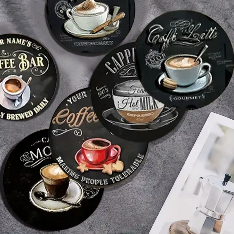 6 ensembles de sous-verres antidérapants en bois avec motifs de tasses à café