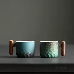 Tasse à café rétro en céramique avec poignée en bois