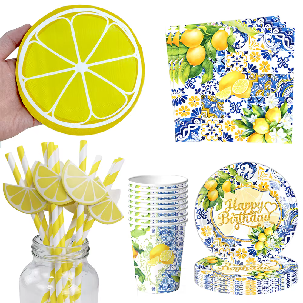 Vaisselle jetable sur le thème du citron