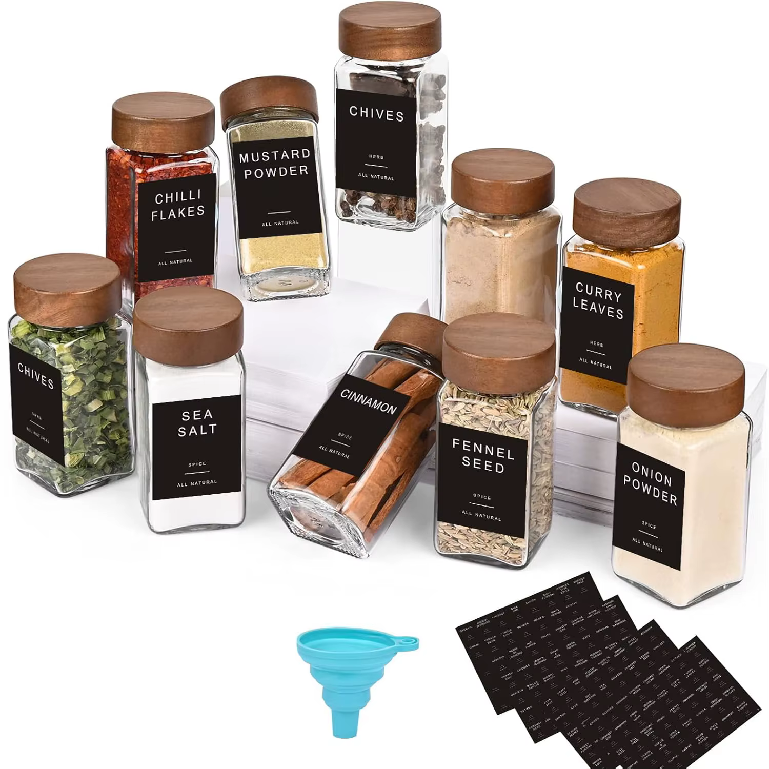 Glass vanilla seasoning jar with solid wood seasoning jar lid, labeled seasoning container, sealed empty glass seasoning contain