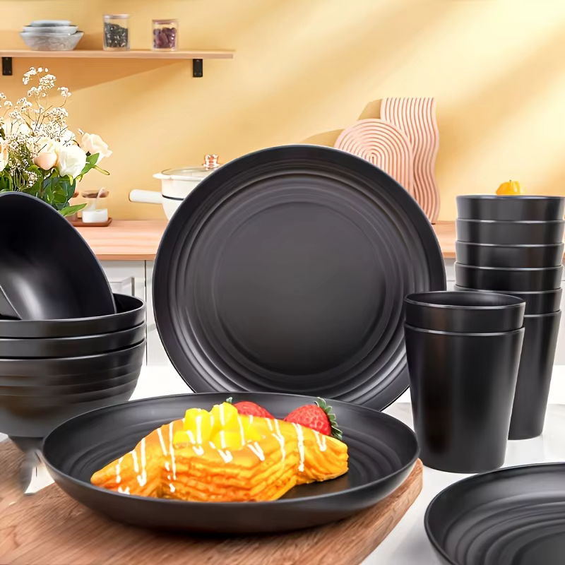Service de vaisselle en plastique incassable de 16 pièces | Assiettes lavables au micro-ondes et au lave-vaisselle Bols
