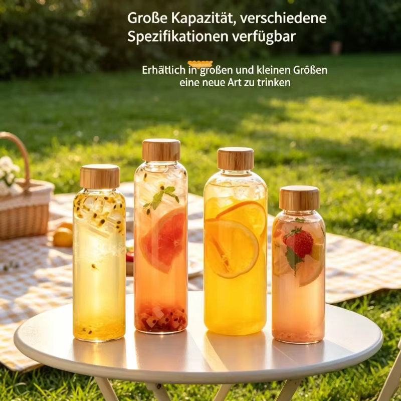 1 bouteille en verre borosilicate avec couvercles en bambou