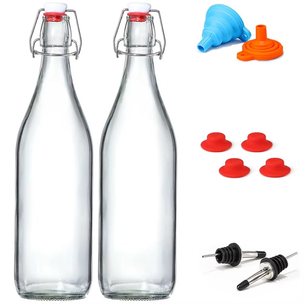 Bouteilles en verre classiques à bouchon basculant 1L avec marqueur et étiquettes - Bouteille transparente avec