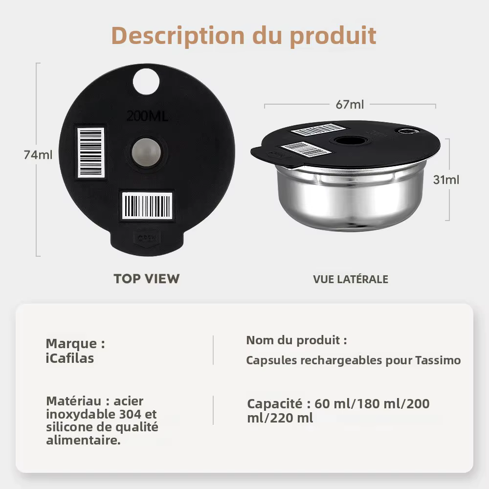 Capsules de café réutilisables 60ML / 180ML pour machine BOSCH-s Tassimo