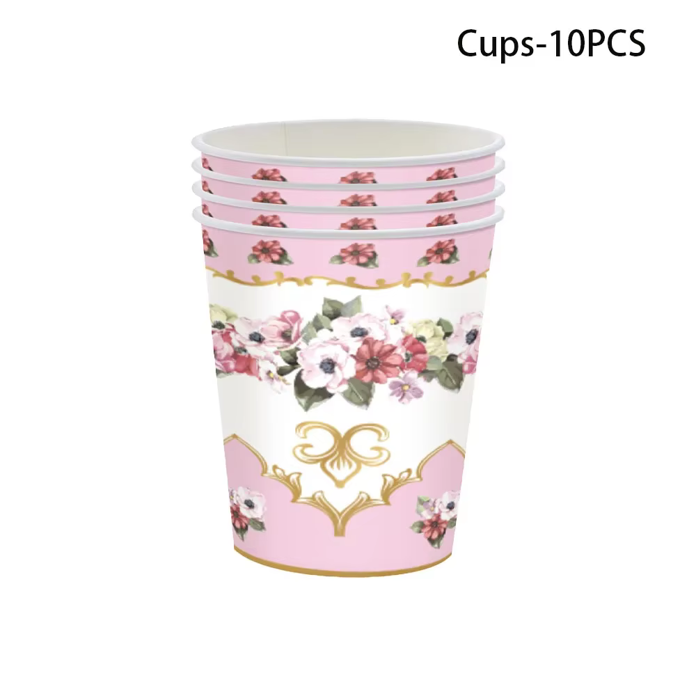 Vaisselle Jetable Thème Thé Rétro Filles Anniversaire Fleurs Assiettes En Papier Tasses Serviettes EVJF Mariage Décoration Élégante Fête Prénuptiale Baby Shower Fournitures De Table Floral Romantique