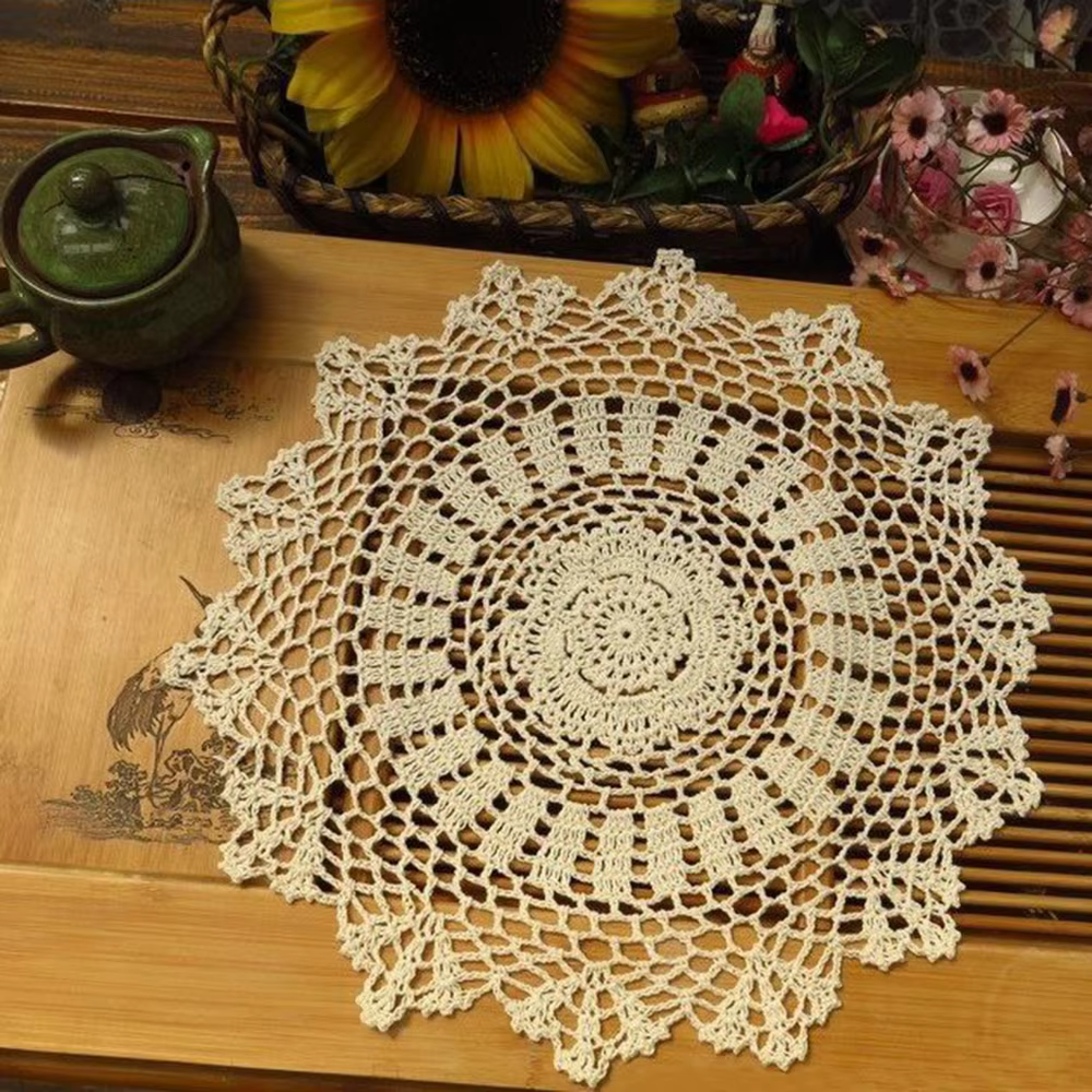 Napperon rond crocheté à la main en coton Vintage