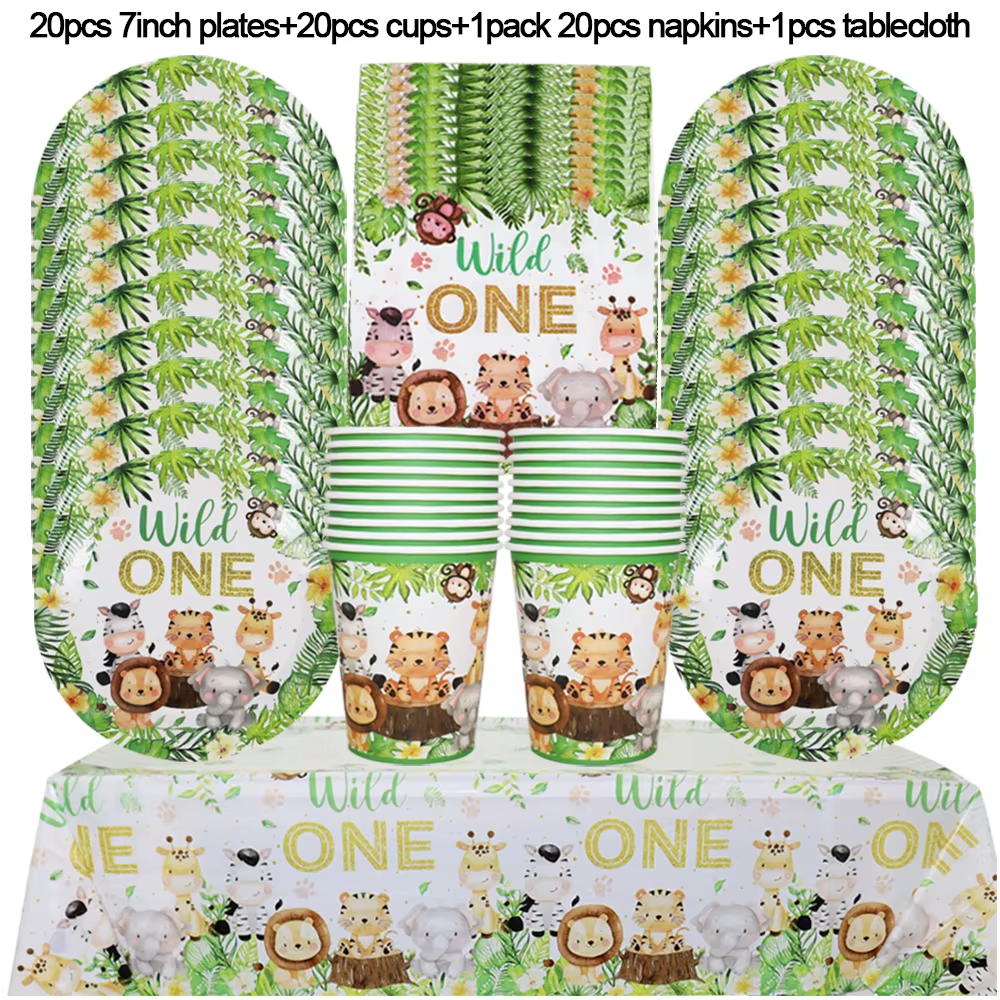 Décorations de fête d'anniversaire de la forêt et de la Jungle, ensemble de nappe avec animaux sauvages, fournitures de fête d'anniversaire pour Safari dans la forêt