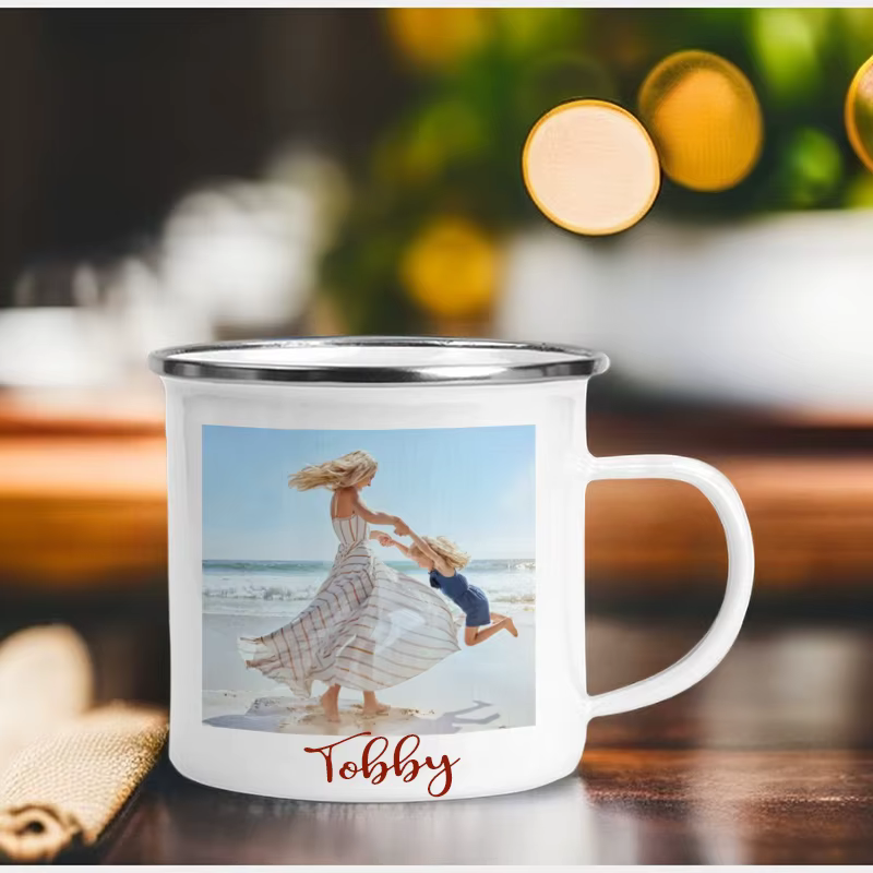 Impression de tasse en émail personnalisée avec photo et texte de LOGO