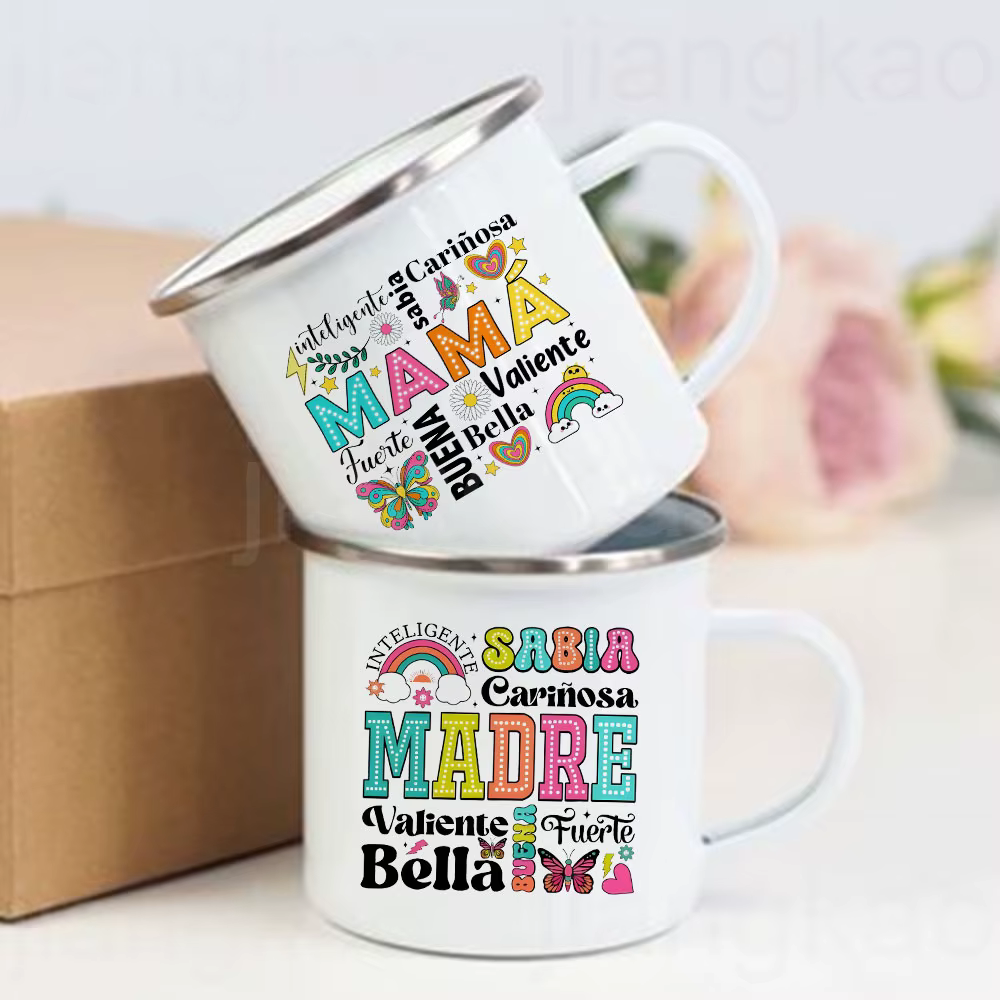 Tasse à café en émail imprimé espagnol pour mère courageuse