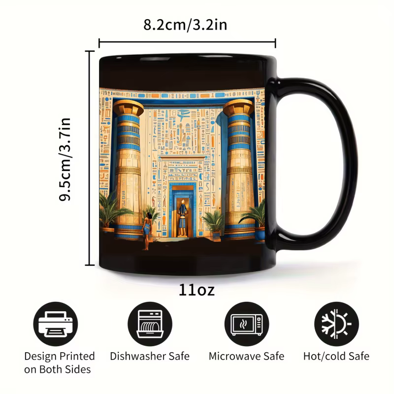 Un temple égyptien noir conçu une tasse en céramique avec hiéroglyphes et colonnes convient à boire du café