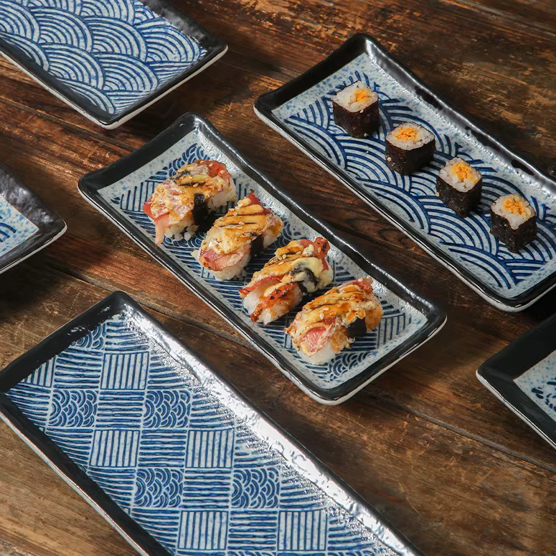 Assiette rectangulaire en céramique motif vague japonaise