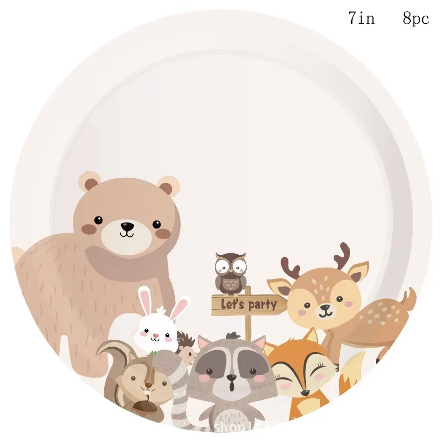 Vaisselle jetable sur le thème des animaux de la forêt pour 8 invités, assiettes et serviettes motif ours et renard, décoration de fête d'anniversaire safari pour enfants garçons et filles