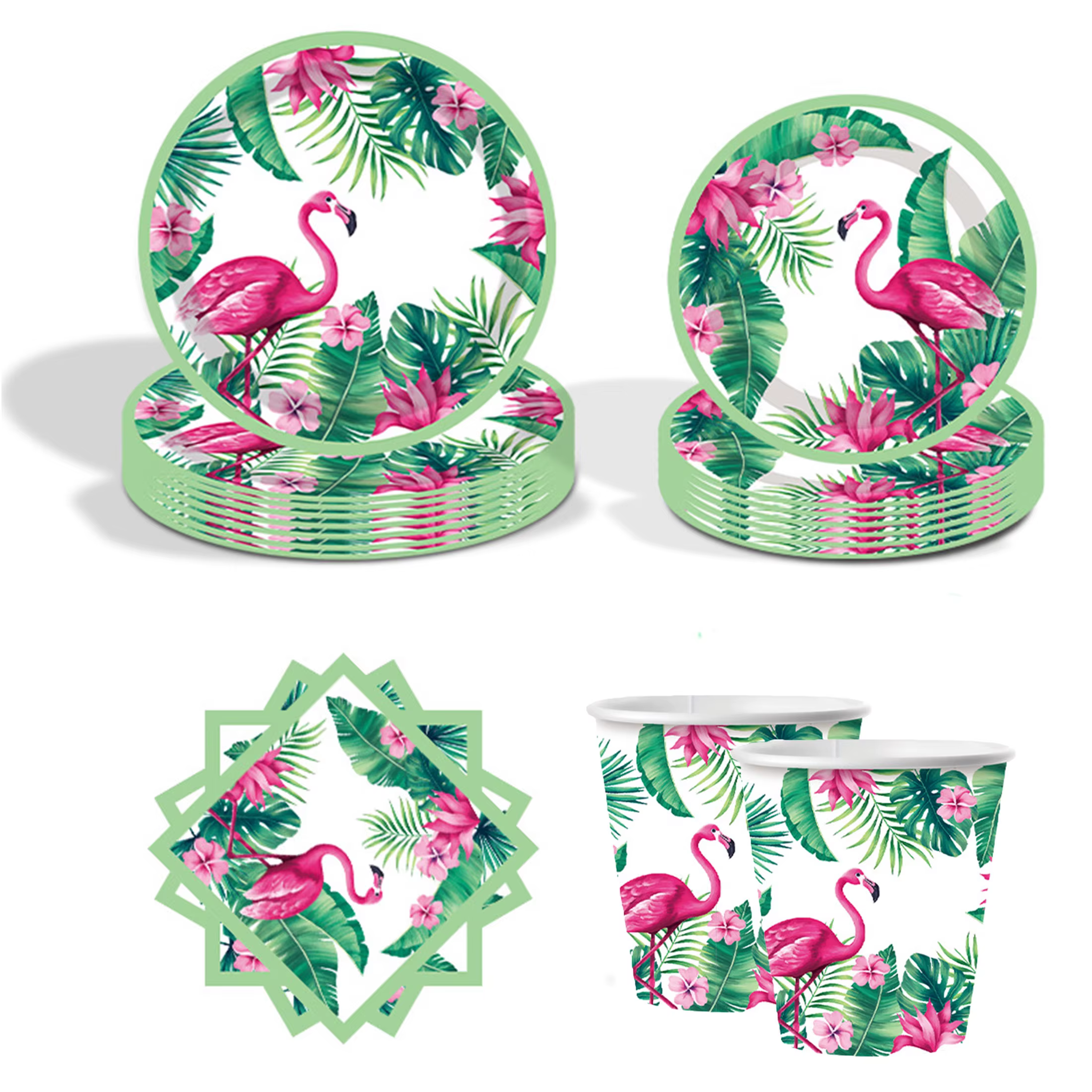 Vaisselle rose flamant rose et ananas avec motifs de palmiers