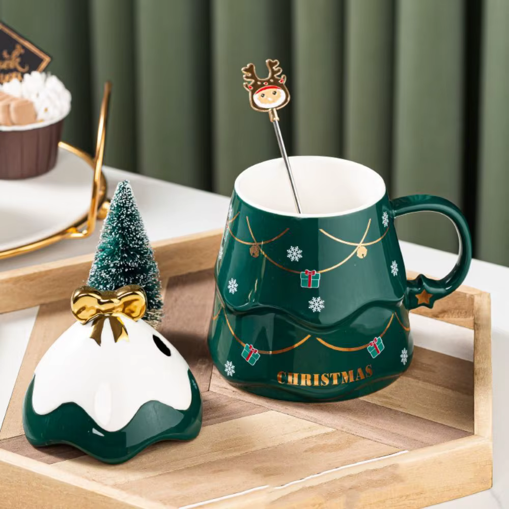 Avec couvercle et cuillère Tasse en céramique pour arbre de Noël