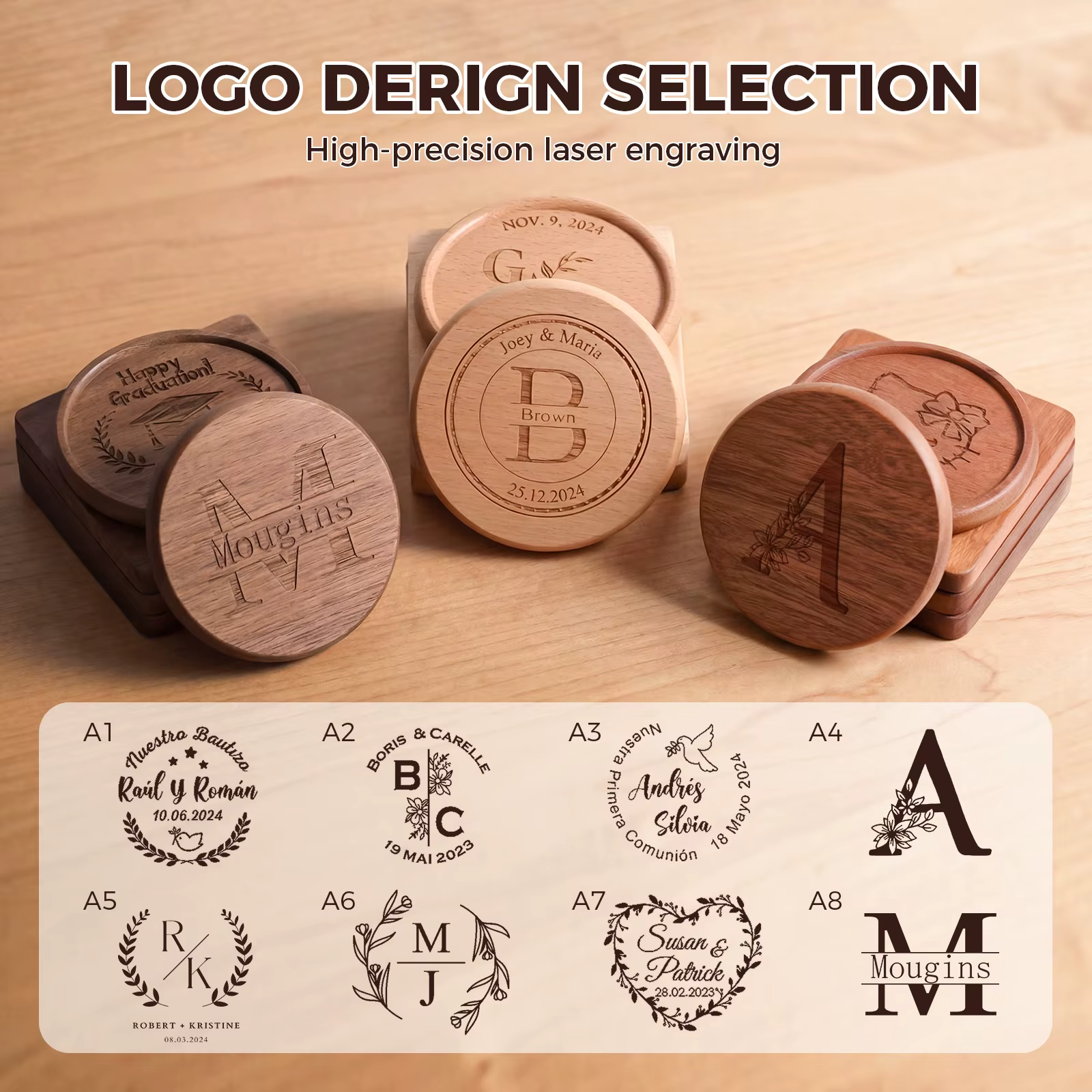 Coaster Gift 2 pièces gratuit personnalisé gravé sous-verres en bois avec rainure sur mesure pour cadeau de mariage cadeaux d'anniversaire de couple