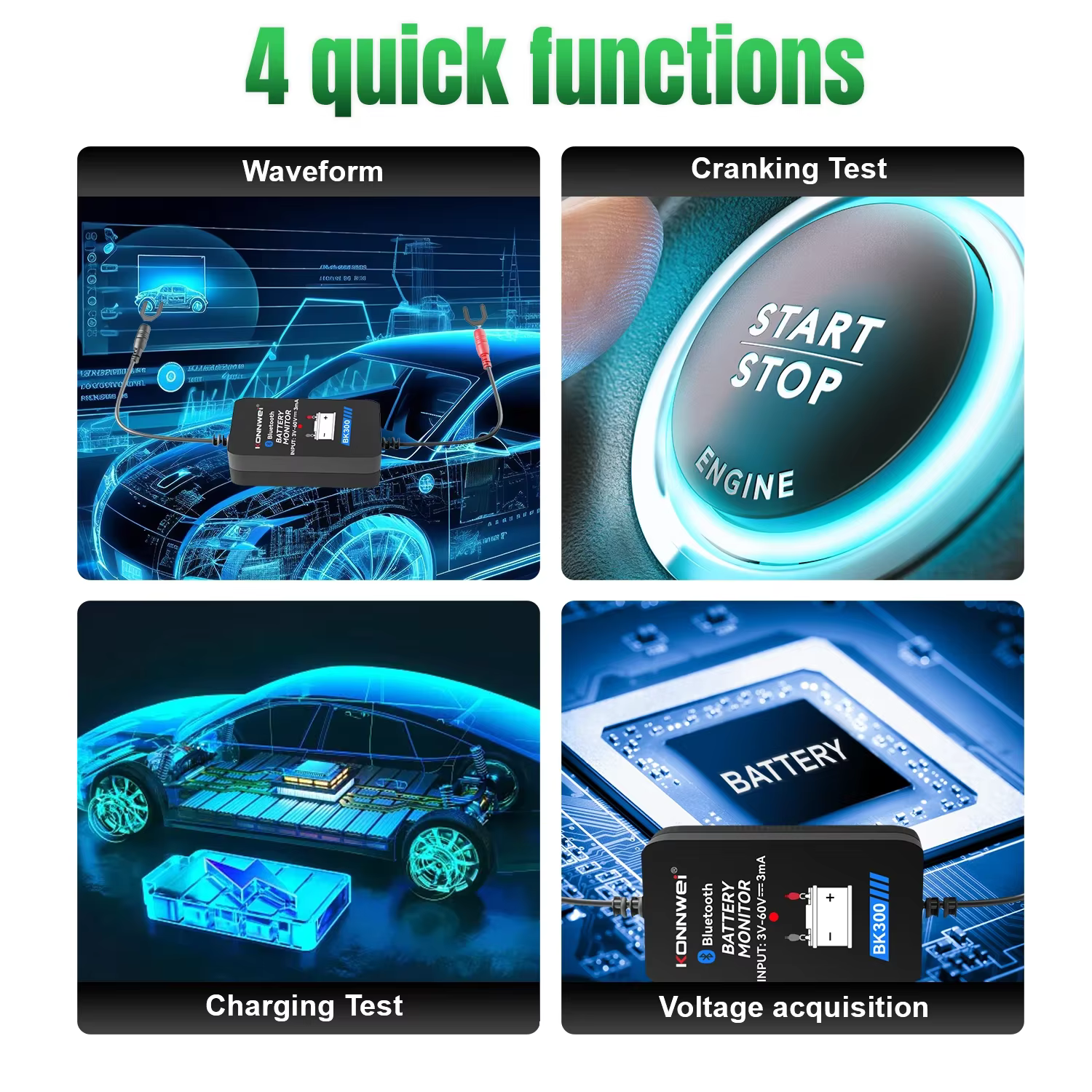 KONNWEI BK300 12V testeur de batterie sans fil Bluetooth 5.2 moniteur de batterie affichage LED SOH SOC analyseur de batterie outils de test automatique