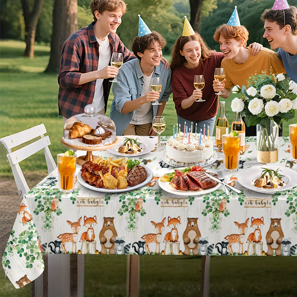 Ensemble de nappe en forme d'animaux de la forêt, 3 pièces, décor de fête à thème de la forêt, plastique imperméable pour anniversaire, réception-cadeau pour bébé, 54x108 pouces, jetable