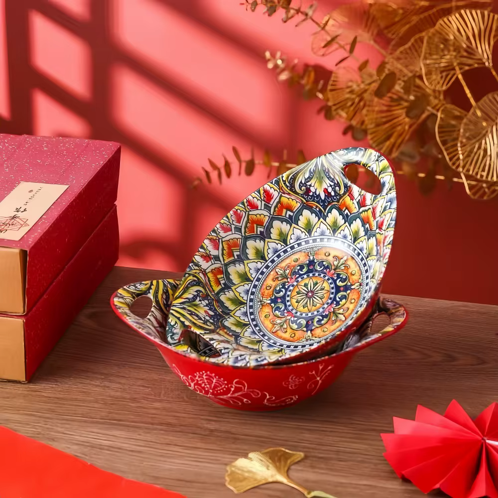 Bol à salade en céramique nouveauté bohème assiette ovale avec poignée micro-ondes sûr bol en forme de bateau bol de nourriture empilable bol de fruits-2PCS