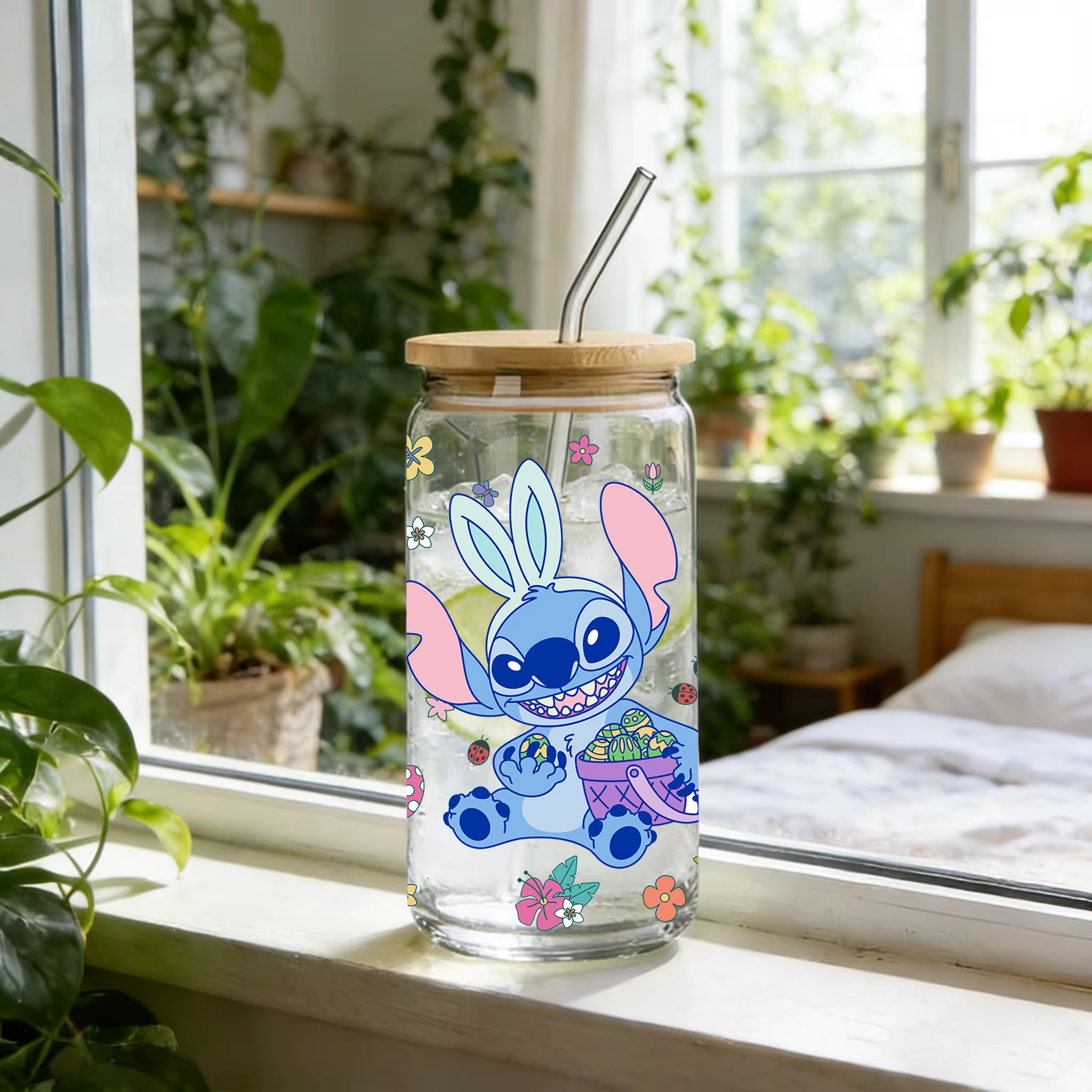 1 pièce Gobelet en verre borosilicate Disney Stitch Pâques de 16 oz avec couvercle et paille