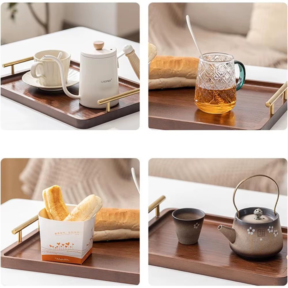 Plateau de service en bois pour aliments et boissons avec poignées métalliques pour table basse