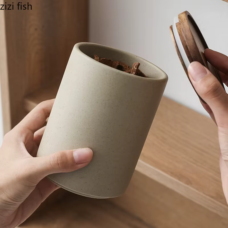 Bocaux de Rangement Rétro en Céramique avec Couvercle en Bois
