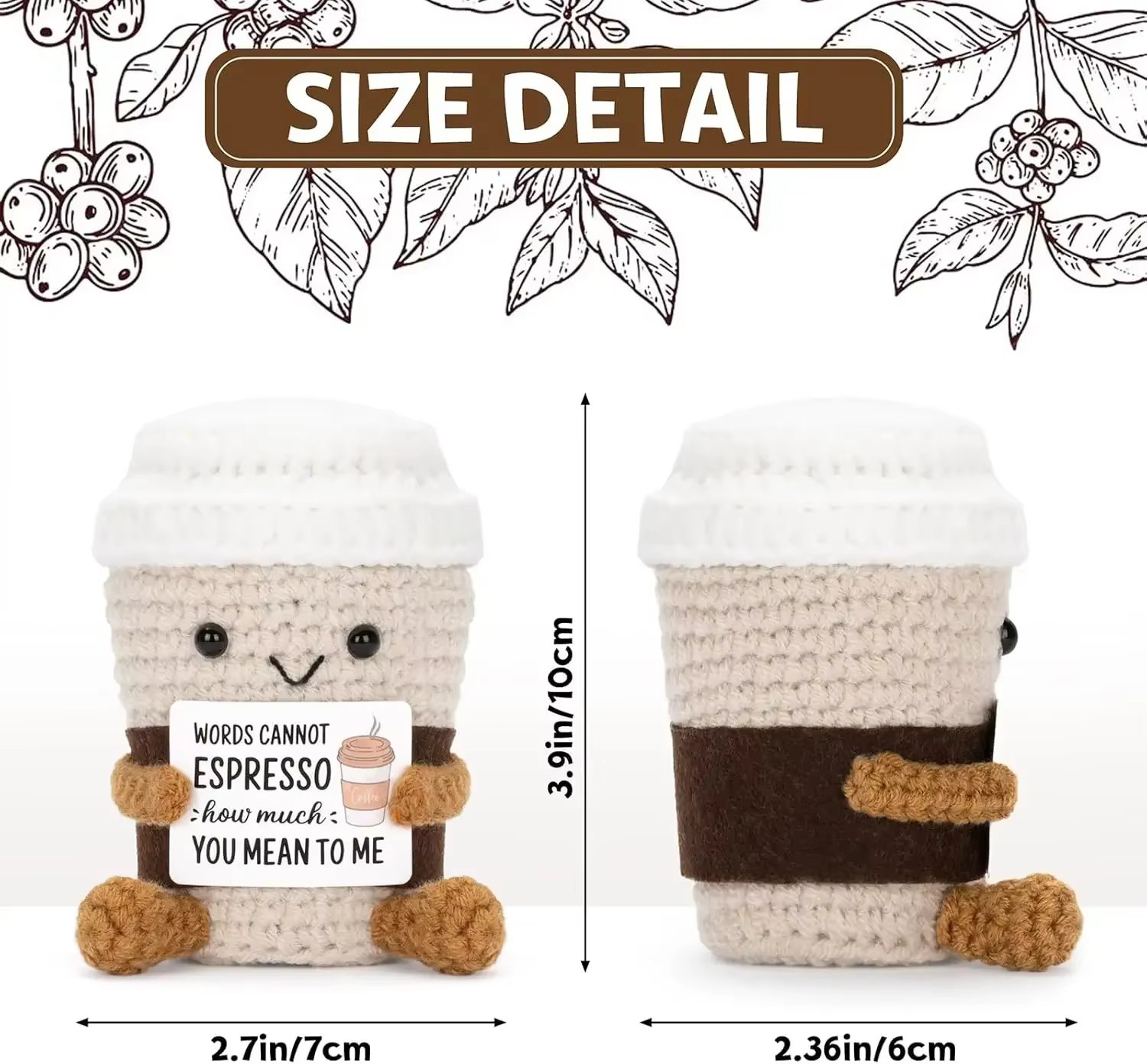 Nouveau drôle Crochet soutien émotionnel café poupée avec carte ornement de bureau à la main tricoté