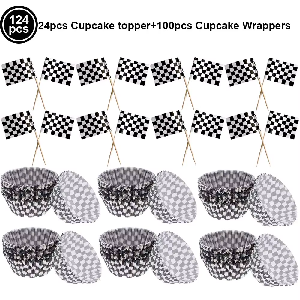 Vaisselle à carreaux noir et blanc pour la décoration de table sur le thème des sports de course, assiettes à dessert, serviettes pour voiture de course, anniversaire