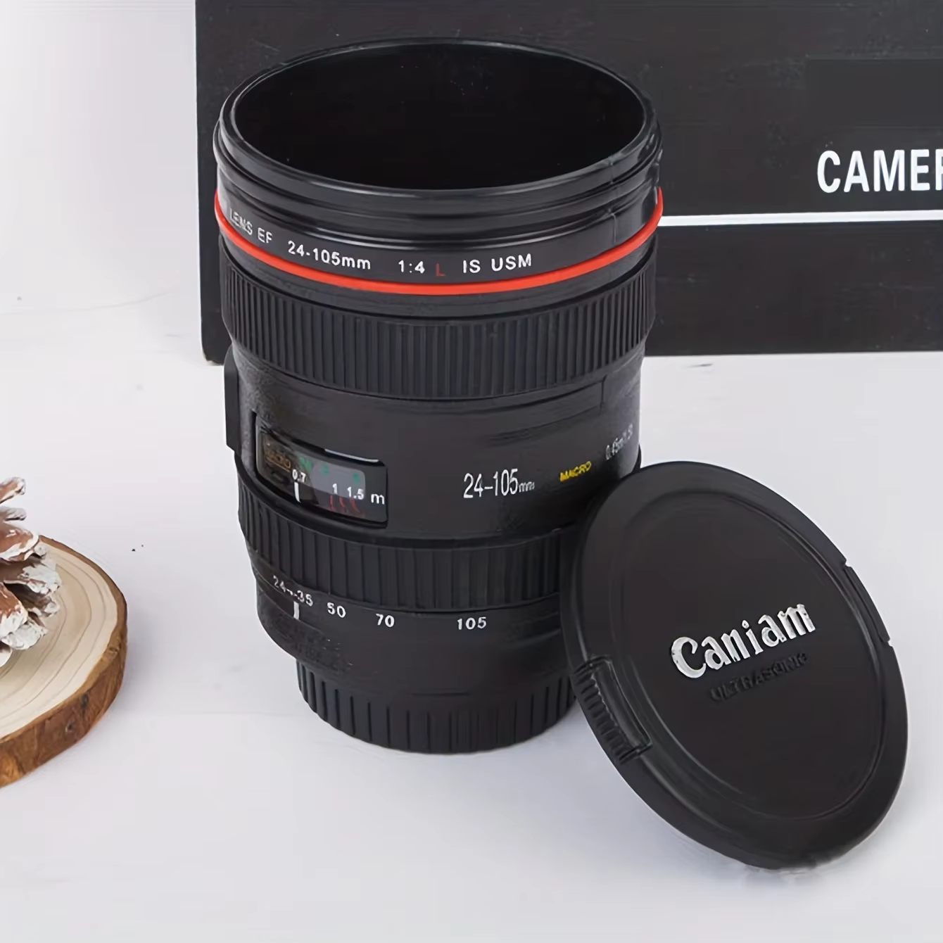 Tasse à café en acier inoxydable avec objectif d'appareil photo