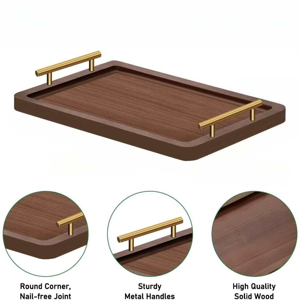 Plateau de service en bois pour aliments et boissons avec poignées métalliques pour table basse