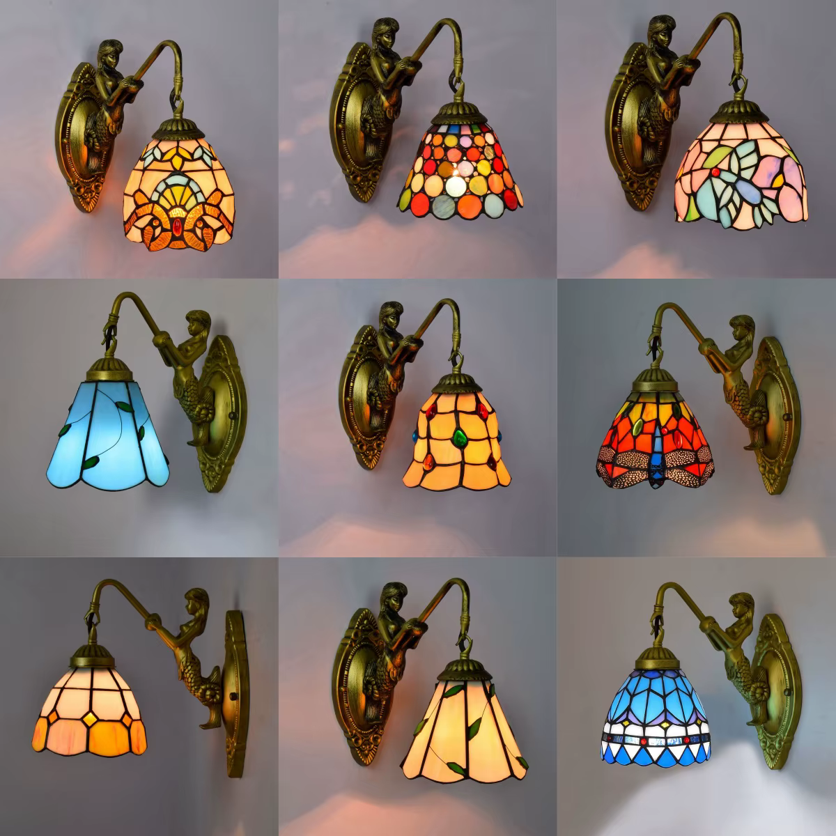 Lampe murale sirène en vitrail européen