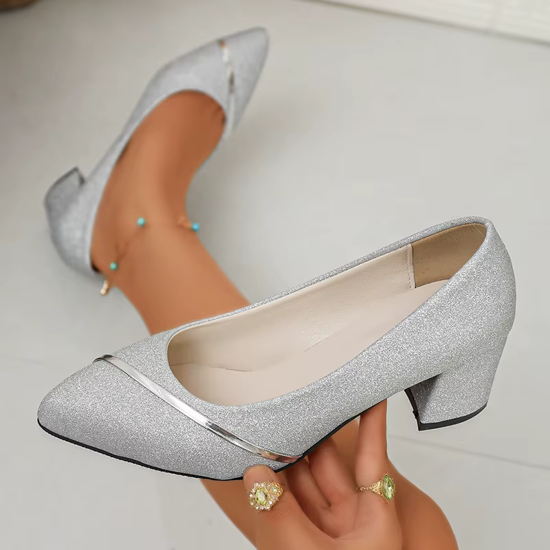 Sandales à talons hauts scintillantes or et argent pour femme, été 2026, à bout pointu et talon épais, à enfiler, pour soirée et mariage