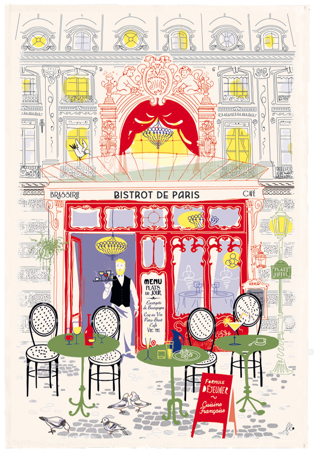 Torchon Imprim Faade bistrot Ecru 48 x 72
