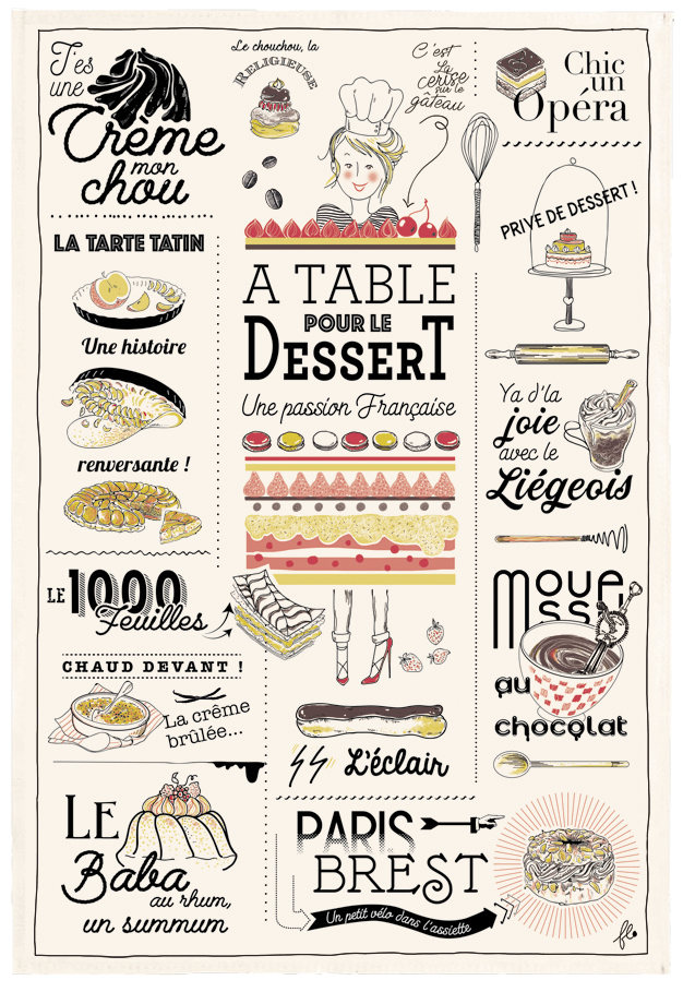Torchon Les desserts franais Ecru 48 x 72