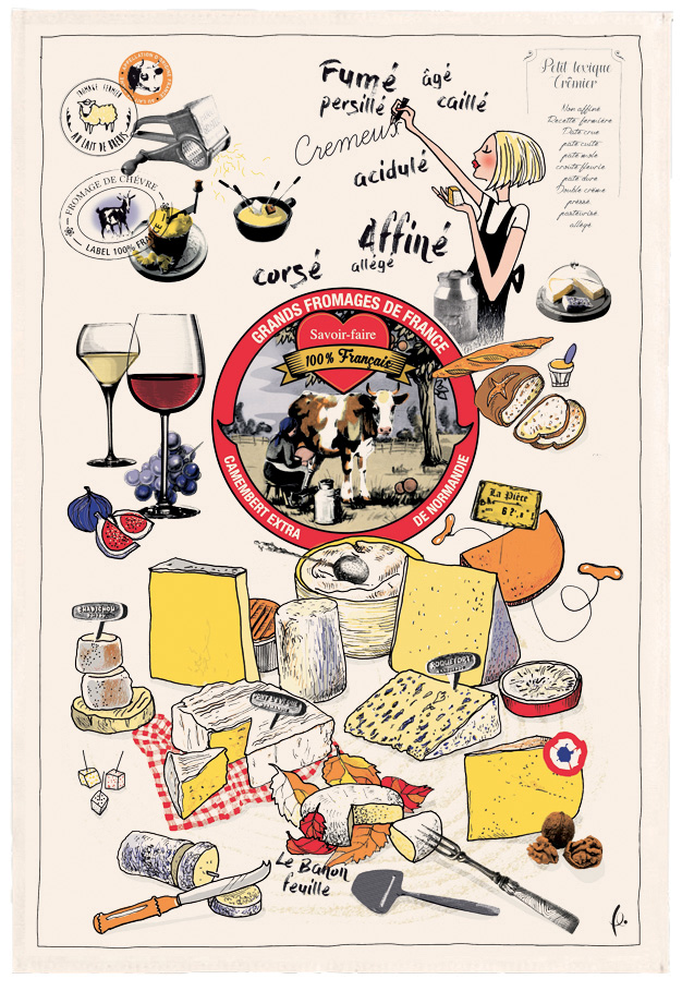 Torchon Imprim Les grands fromages Ecru 48 x 72