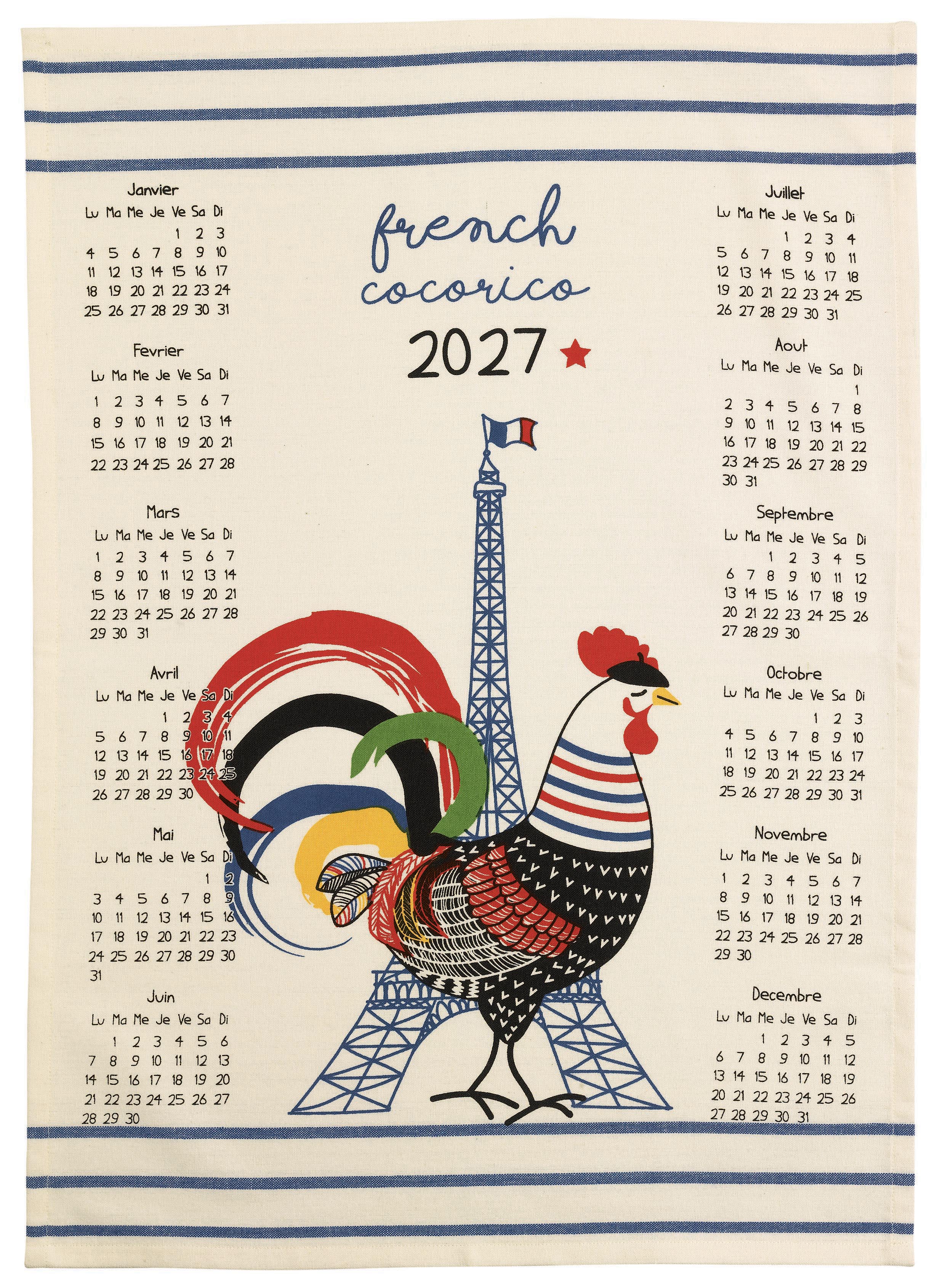 Torchon Calendrier recycl French Cocorico 2027 Ecru 50 x 70